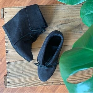 Black Faux Suede Wedge Lace Up Booties